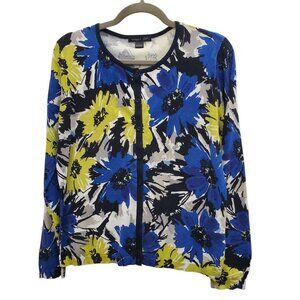 August Silk Women's Blue Yellow Floral Knit Long Sleeve Button Up Cardigan L